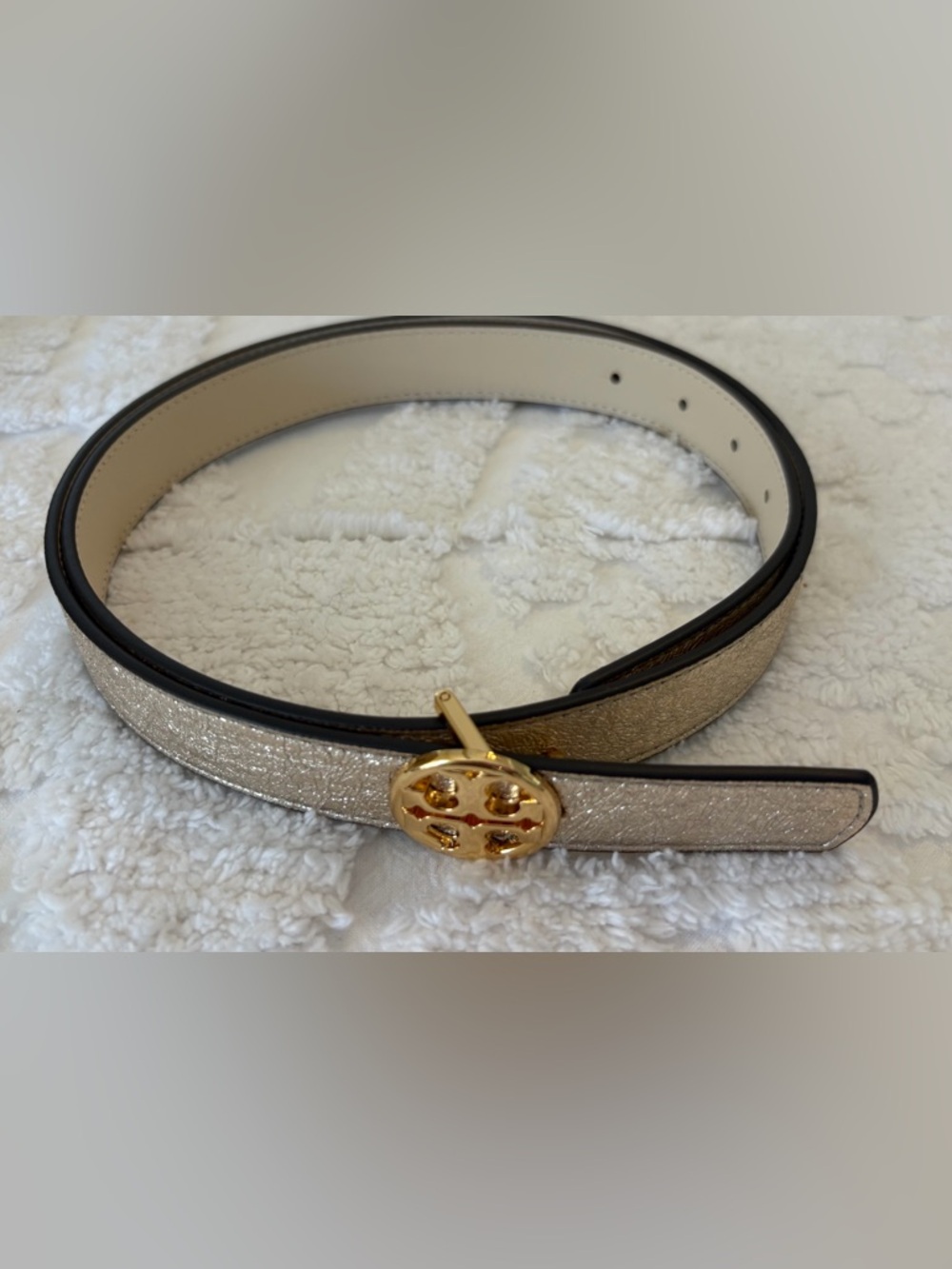 Tory Burch Reversible Platinum / Cream Leather Belt with Gold Logo-Accent - L